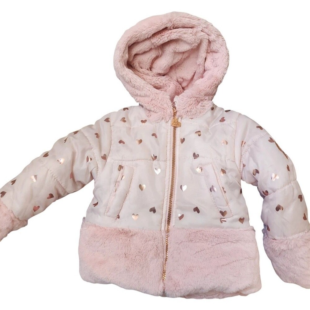 Betsey Johnson Girls Pink Coat Size 2T SUPER SOFT Hooded Pockets Faux Fur Hearts